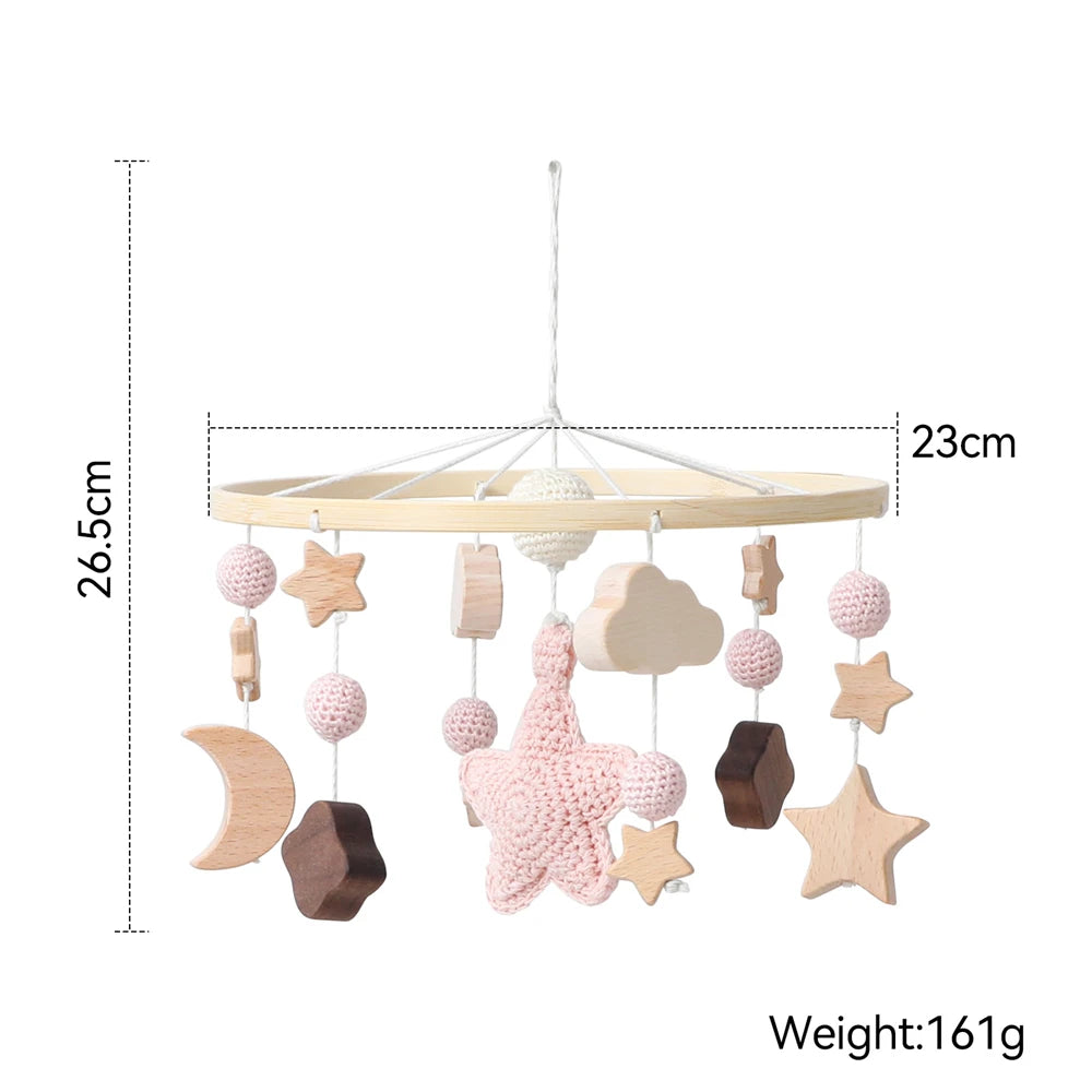 Baby Crib Mobile Star Moon Baby Bed Rattle Toys Newborn Bed Bell Sensory Baby Hanging Toys Wooden Mobile Bracket Hanging Bell