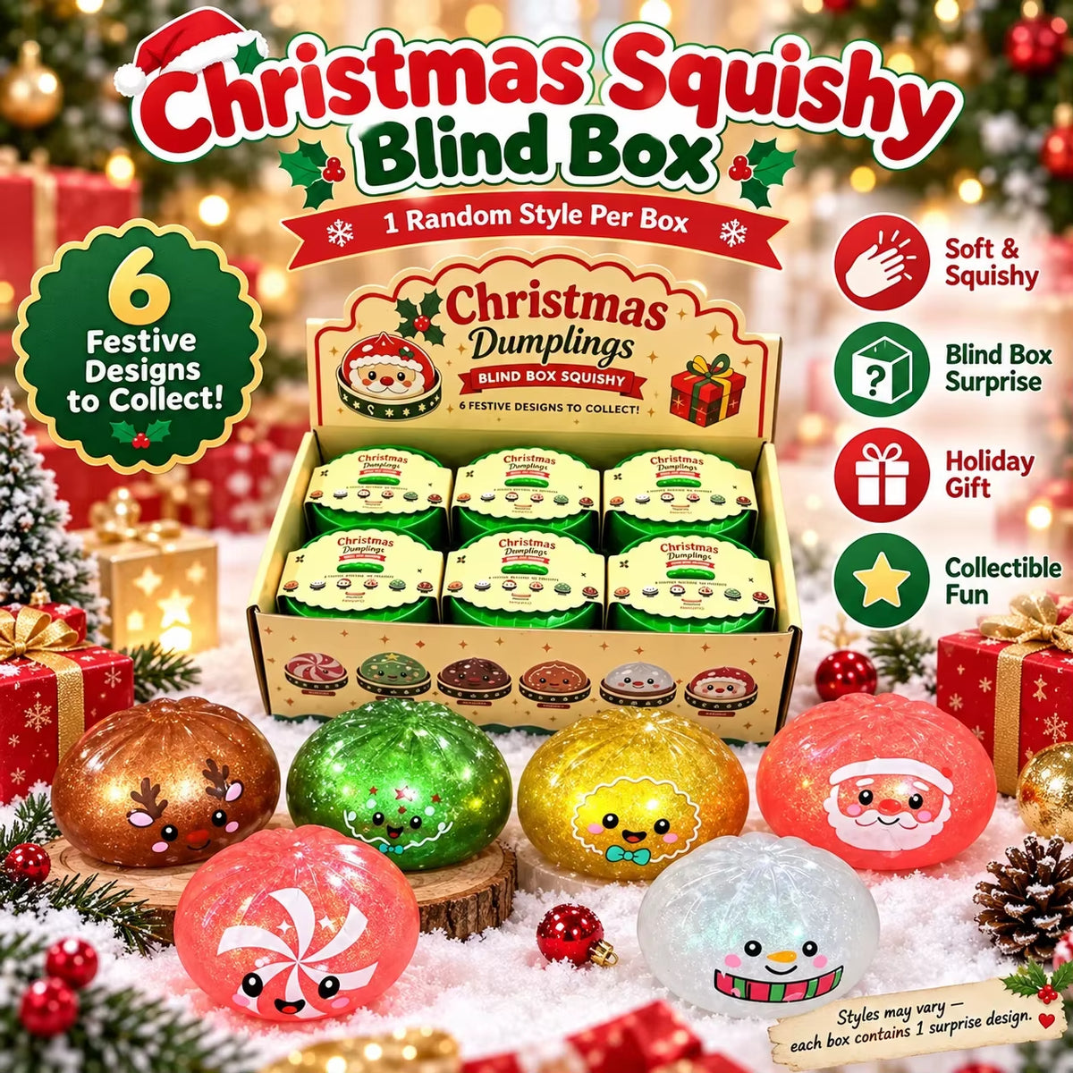 1-5PCS Christmas Dumpling Squishy Mystery Box TPR Soft Slow Rising Squeeze Fidget Sensory Stress Relief Holiday Gift Pack