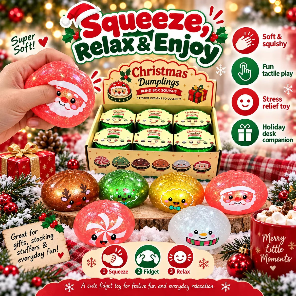 1-5PCS Christmas Dumpling Squishy Mystery Box TPR Soft Slow Rising Squeeze Fidget Sensory Stress Relief Holiday Gift Pack