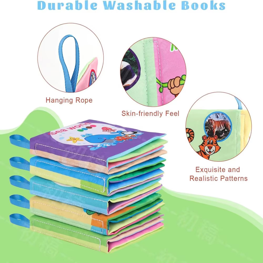 Washable Baby Cloth Book Set - Bpa-Free Crinkle Sensory Toys with Teething Rings & Multi-Textured Pages for 0-12M Infant