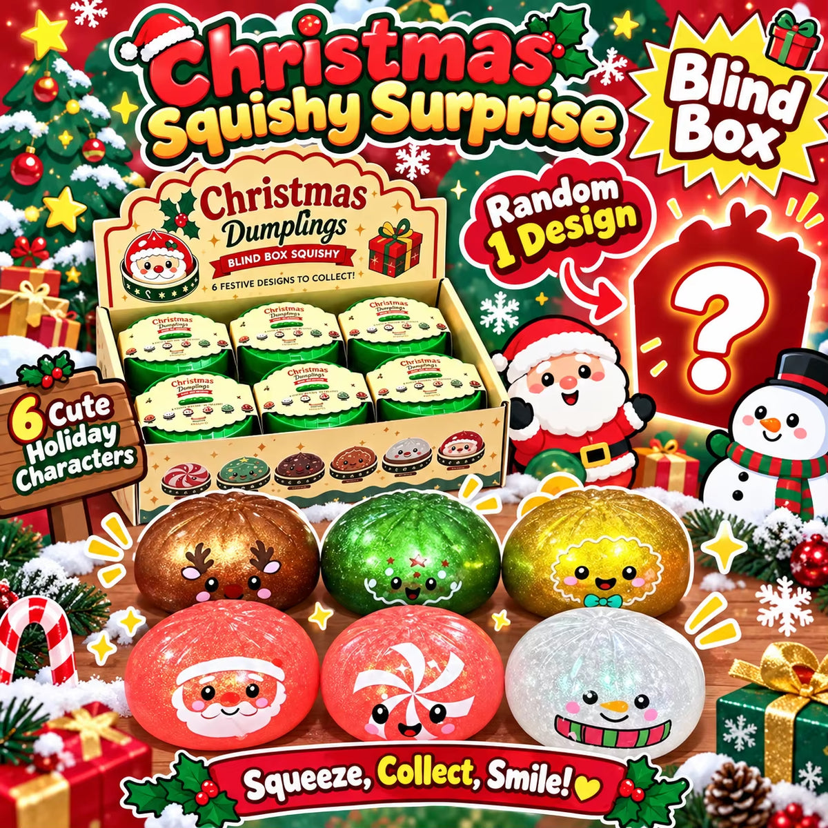 1-5PCS Christmas Dumpling Squishy Mystery Box TPR Soft Slow Rising Squeeze Fidget Sensory Stress Relief Holiday Gift Pack