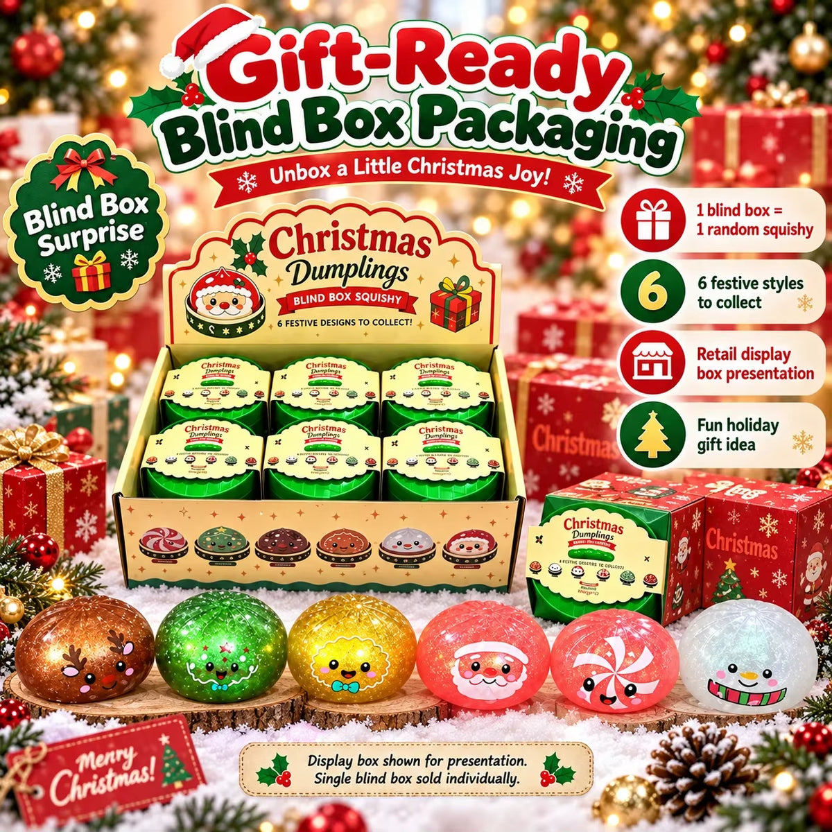 1-5PCS Christmas Dumpling Squishy Mystery Box TPR Soft Slow Rising Squeeze Fidget Sensory Stress Relief Holiday Gift Pack