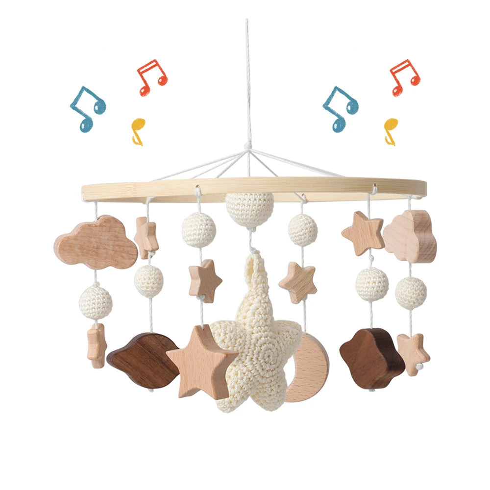 Baby Crib Mobile Star Moon Baby Bed Rattle Toys Newborn Bed Bell Sensory Baby Hanging Toys Wooden Mobile Bracket Hanging Bell