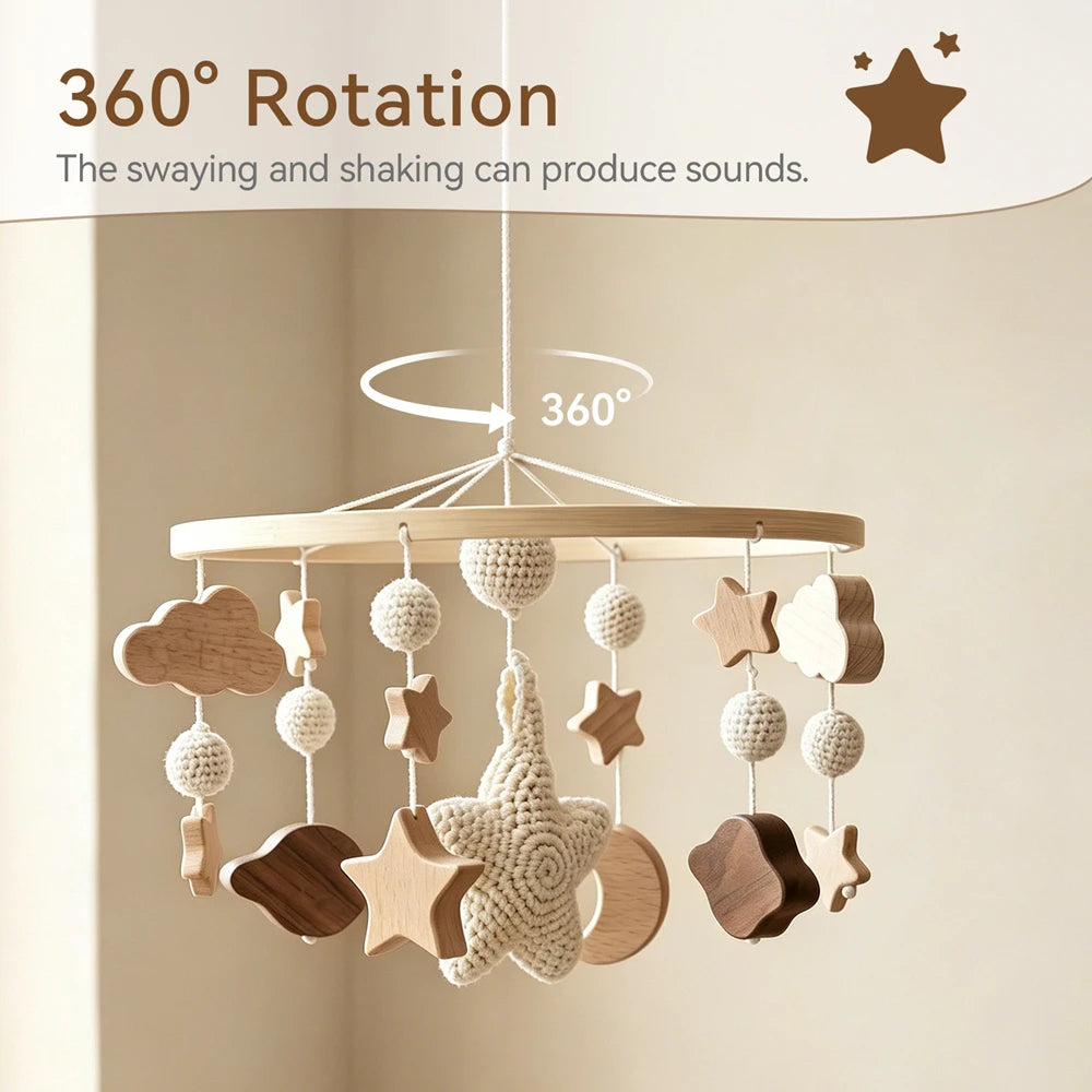 Baby Crib Mobile Star Moon Baby Bed Rattle Toys Newborn Bed Bell Sensory Baby Hanging Toys Wooden Mobile Bracket Hanging Bell