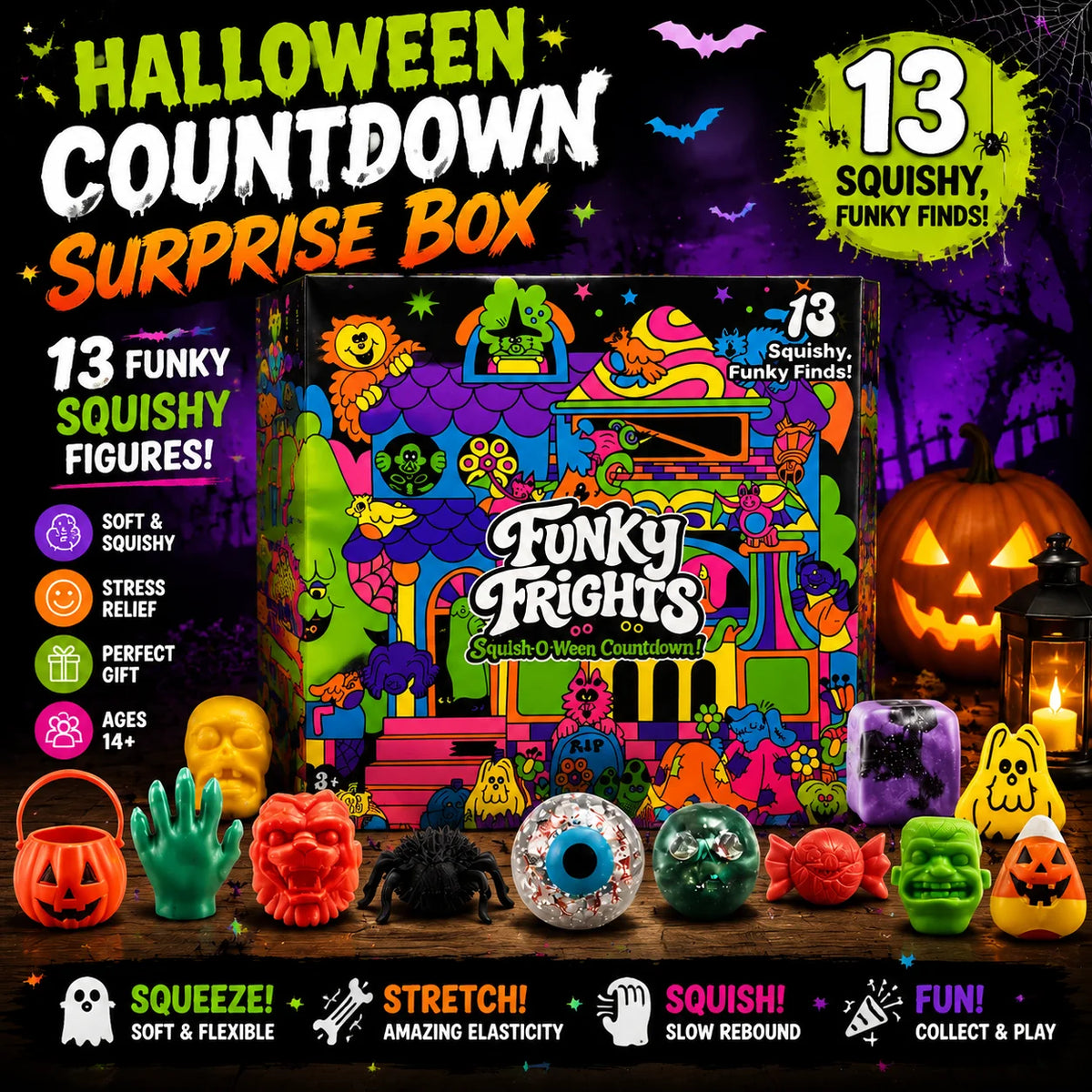 Funky Frights 13-Day Halloween Advent Calendar - Spooky Squishy Stress Relief Toys Countdown Gift Box