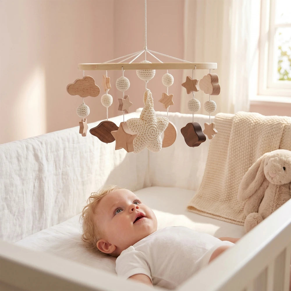 Baby Crib Mobile Star Moon Baby Bed Rattle Toys Newborn Bed Bell Sensory Baby Hanging Toys Wooden Mobile Bracket Hanging Bell