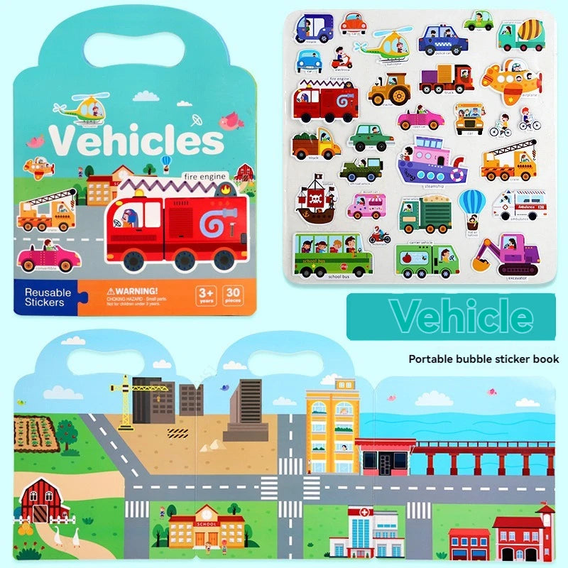 Reusable Sticker Book for Vehicles Truck Stickers Educational Learning Travel Stickers Activity Books Toddler Girls Boy Sticker