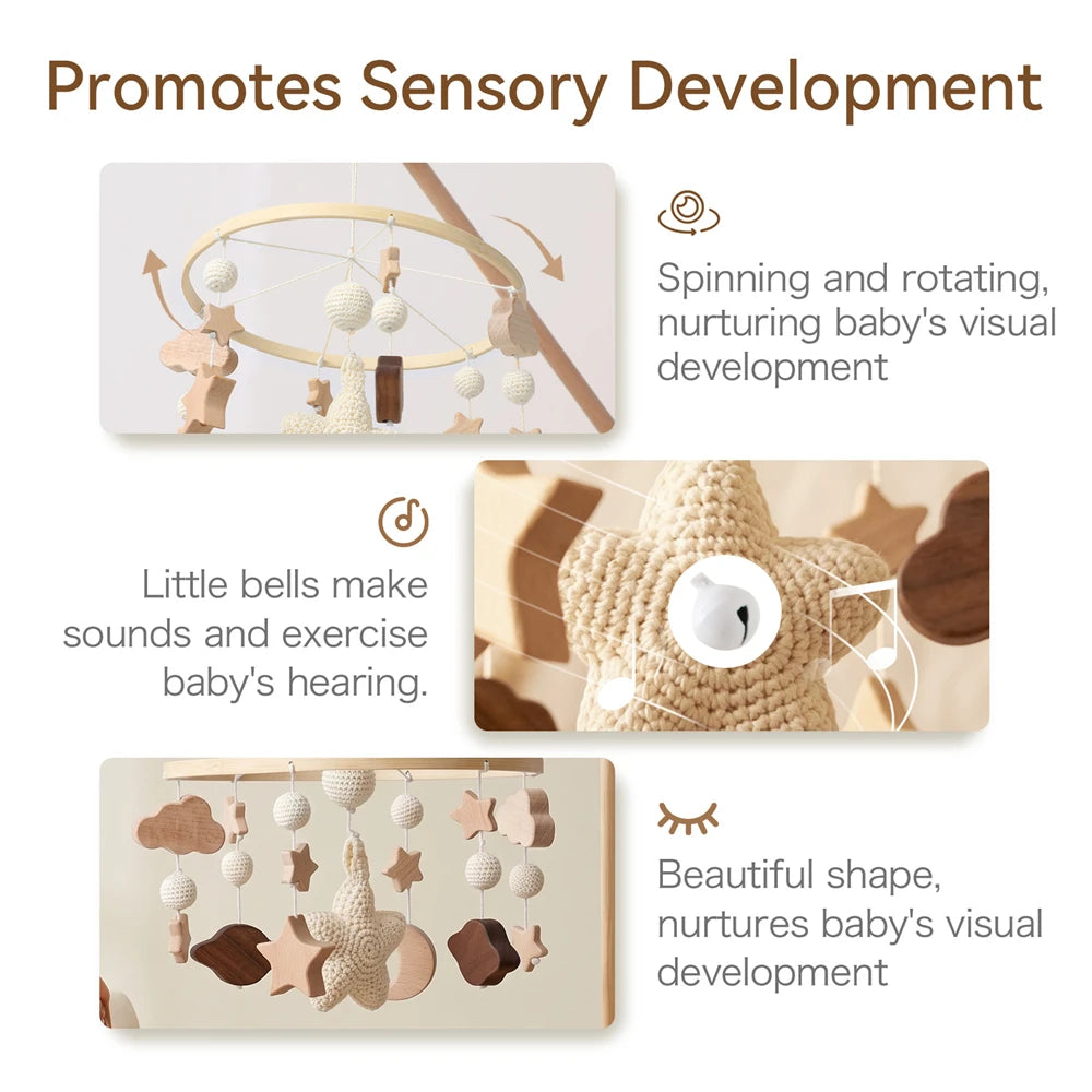 Baby Crib Mobile Star Moon Baby Bed Rattle Toys Newborn Bed Bell Sensory Baby Hanging Toys Wooden Mobile Bracket Hanging Bell