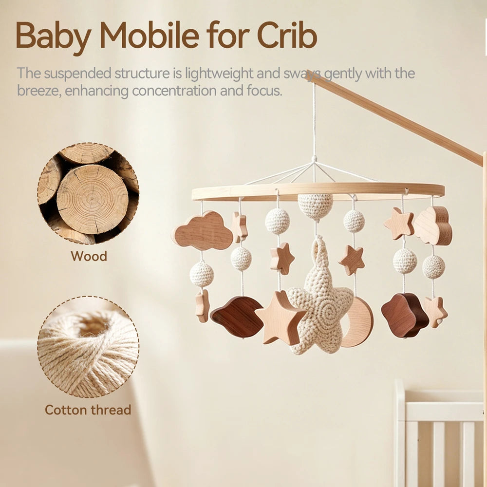 Baby Crib Mobile Star Moon Baby Bed Rattle Toys Newborn Bed Bell Sensory Baby Hanging Toys Wooden Mobile Bracket Hanging Bell