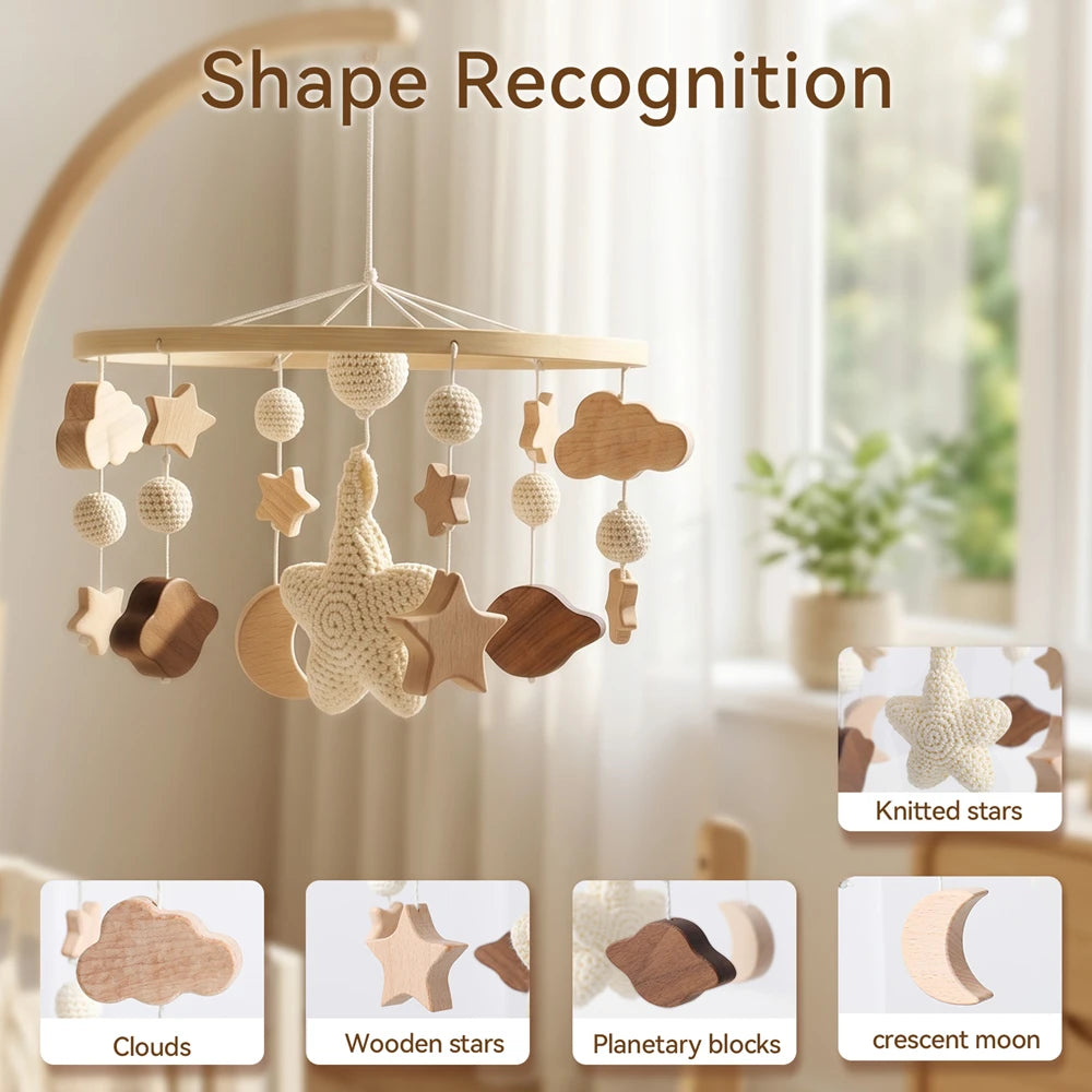 Baby Crib Mobile Star Moon Baby Bed Rattle Toys Newborn Bed Bell Sensory Baby Hanging Toys Wooden Mobile Bracket Hanging Bell