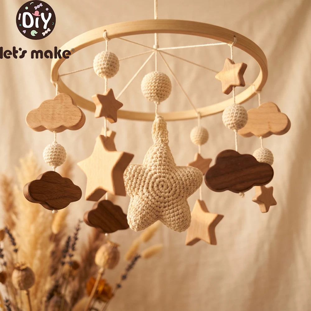 Baby Crib Mobile Star Moon Baby Bed Rattle Toys Newborn Bed Bell Sensory Baby Hanging Toys Wooden Mobile Bracket Hanging Bell