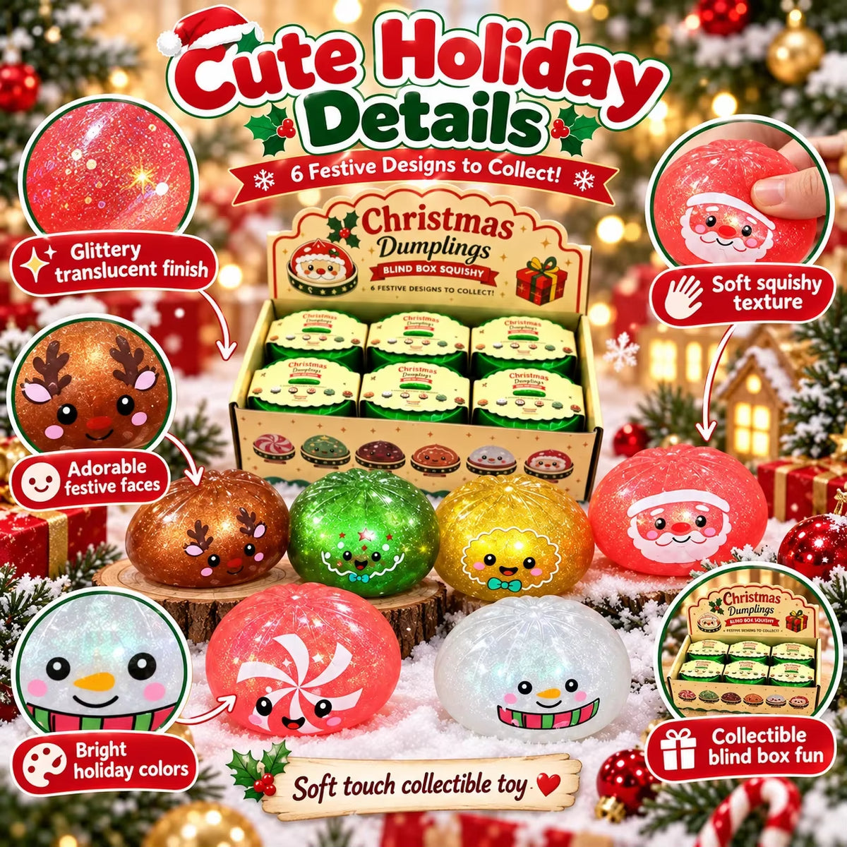 1-5PCS Christmas Dumpling Squishy Mystery Box TPR Soft Slow Rising Squeeze Fidget Sensory Stress Relief Holiday Gift Pack